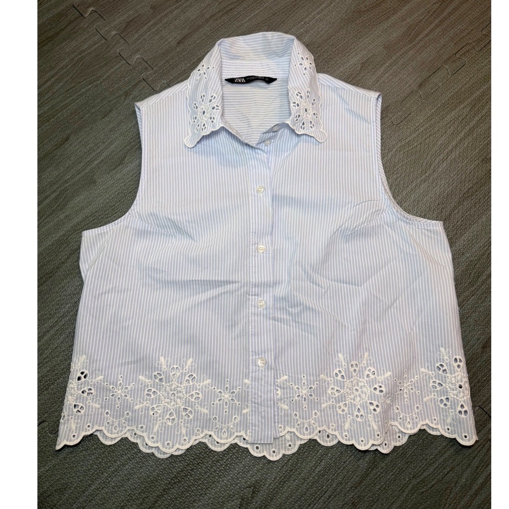 Zara Women Blue White Striped Sleeveless Eyelet Embroidered Button Down Shirt M